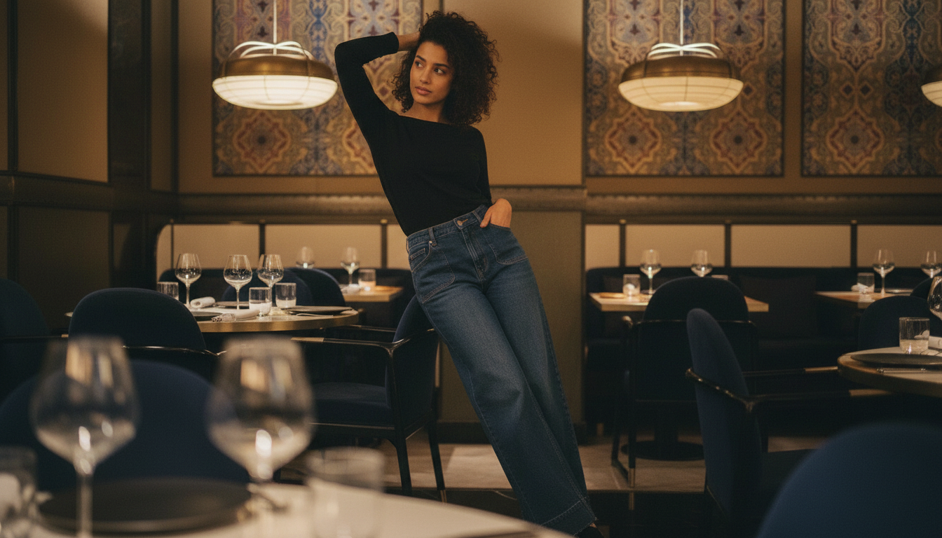 Femme portant un jean wide-leg dans un restaurant marocain chic, pose candide