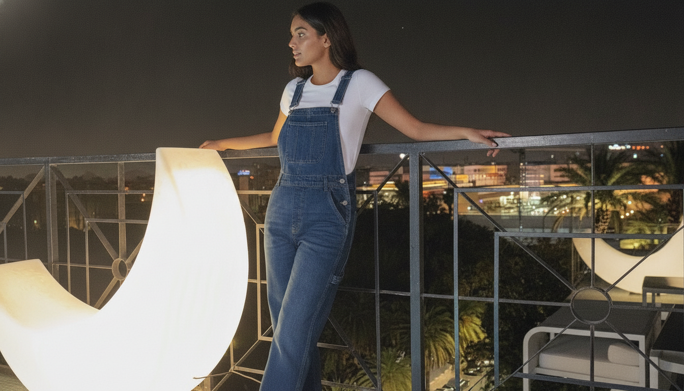 Femme portant une salopette en jean sur une terrasse marocaine de nuit
