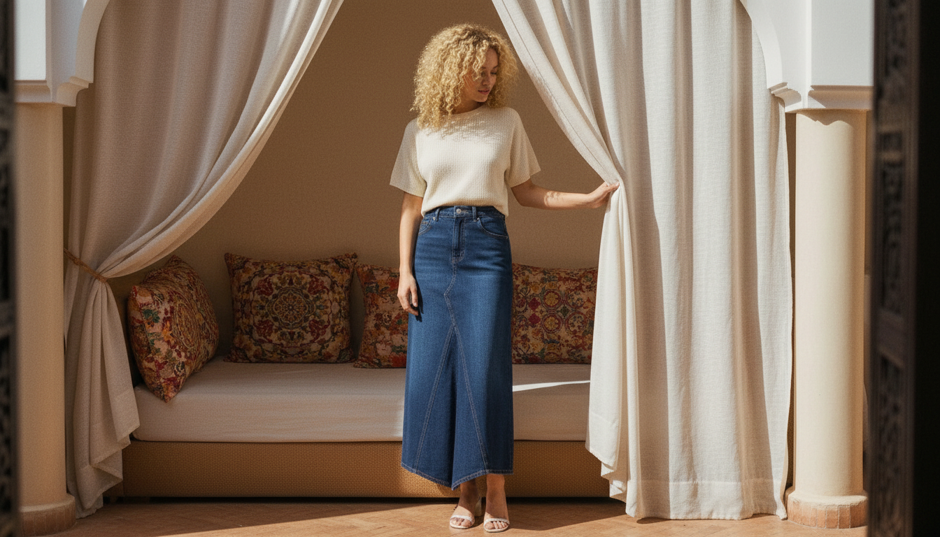 Femme portant une jupe en jean longue fendue dans un riad marocain, lumière naturelle