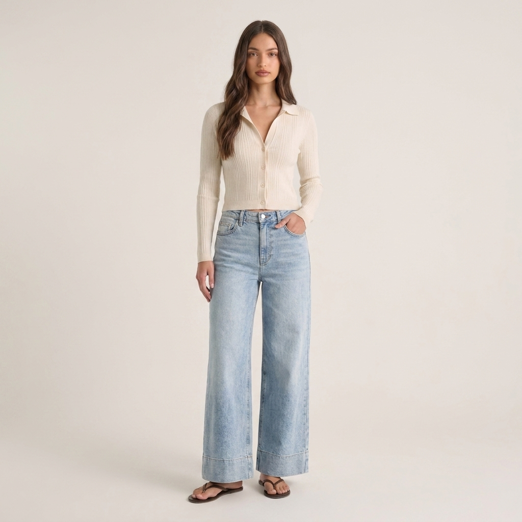 Jean Wide-Leg Taille Haute à Revers Bleu Clair Chefchaouen - vue face complète