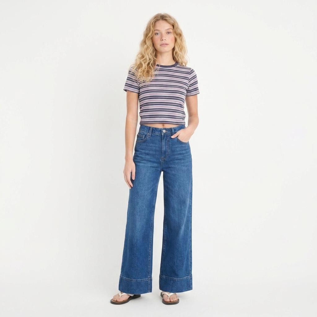 Jean Baggy Taille Basse à Revers Bleu Foncé Essaouira - vue de face complète