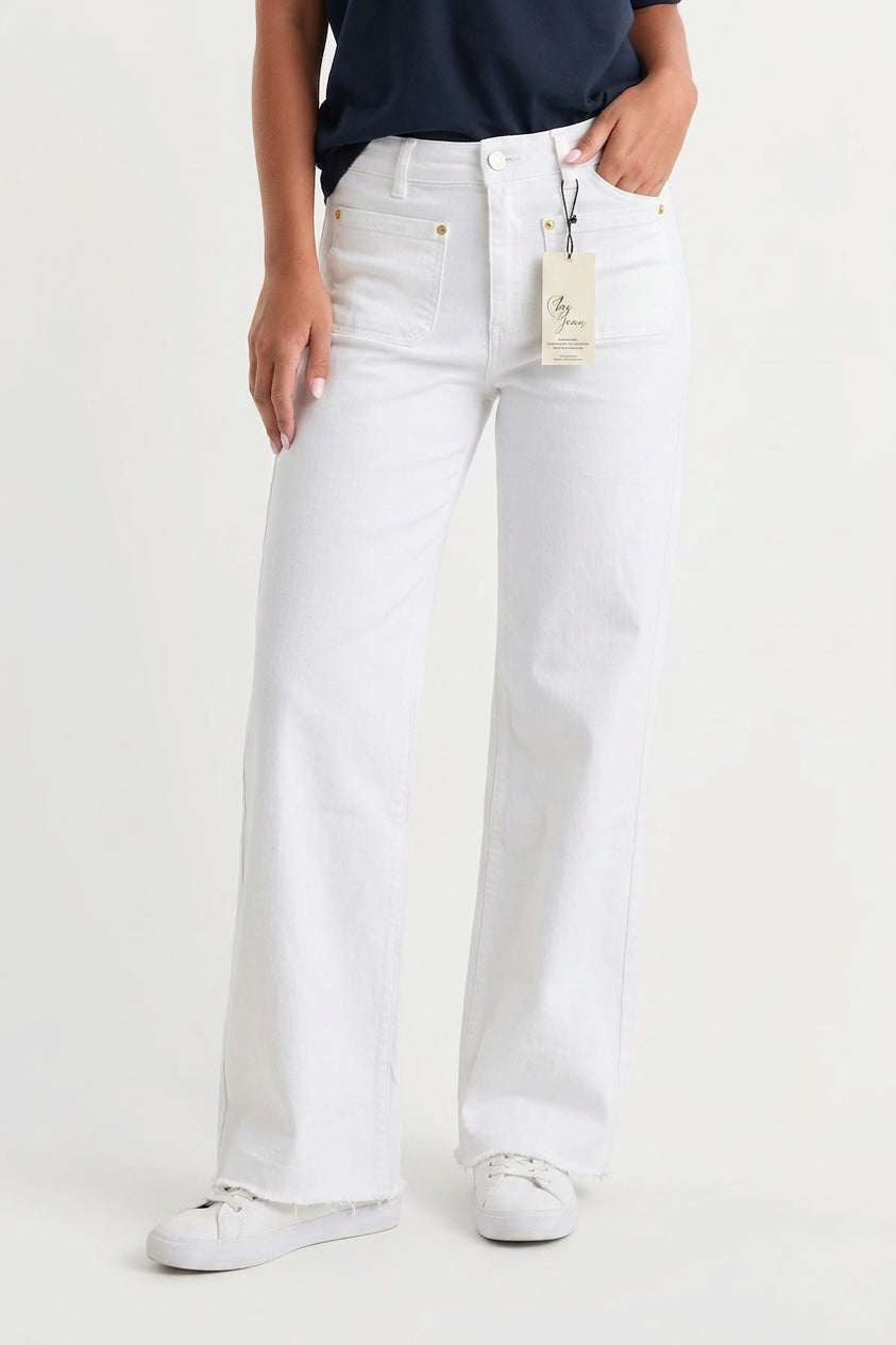 Jean Wide-Leg Taille Haute Poches Plaquées Blanc Ifrane - vue face complète