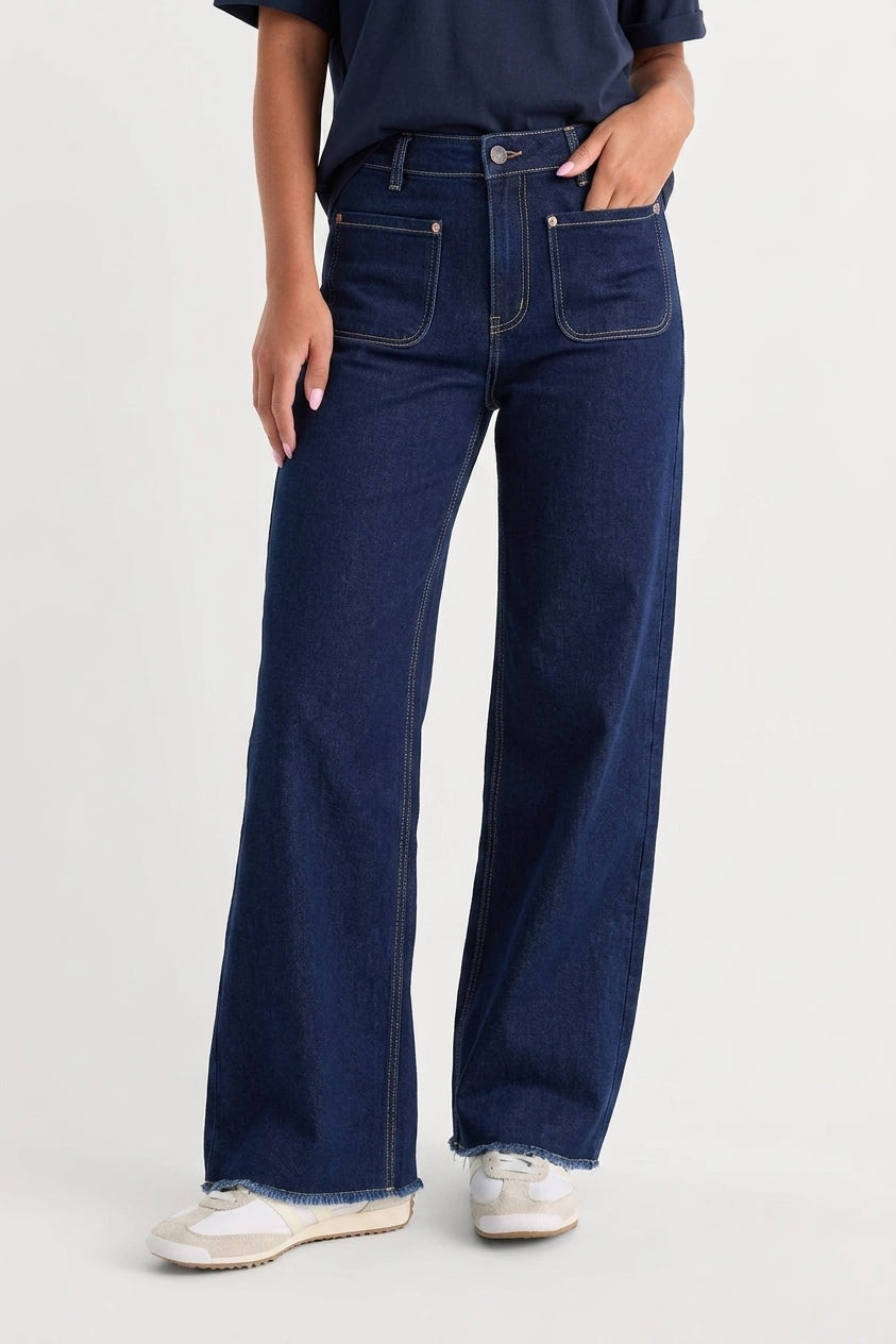 Jean Wide-Leg Taille Haute Poches Plaquées Indigo Ouarzazate - vue face complète