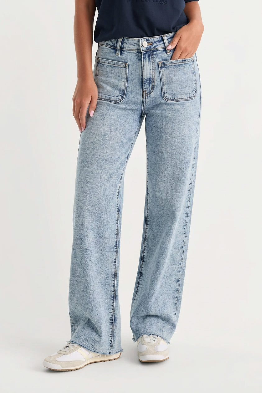 Jean Wide-Leg Taille Haute Poches Plaquées Bleu Clair Salé - vue face complète