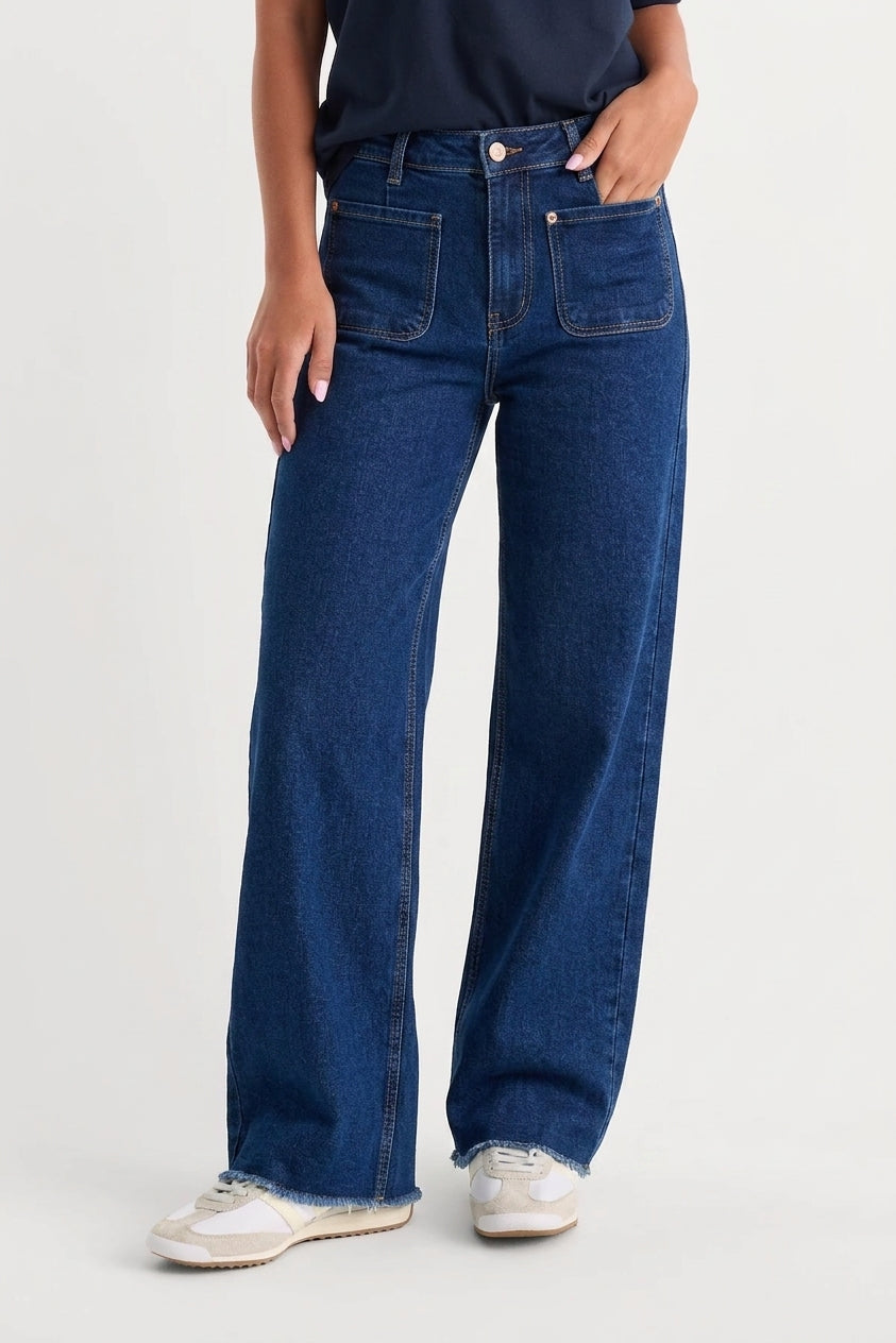 Jean Wide-Leg Taille Haute Poches Plaquées Bleu Foncé Meknès - vue face complète