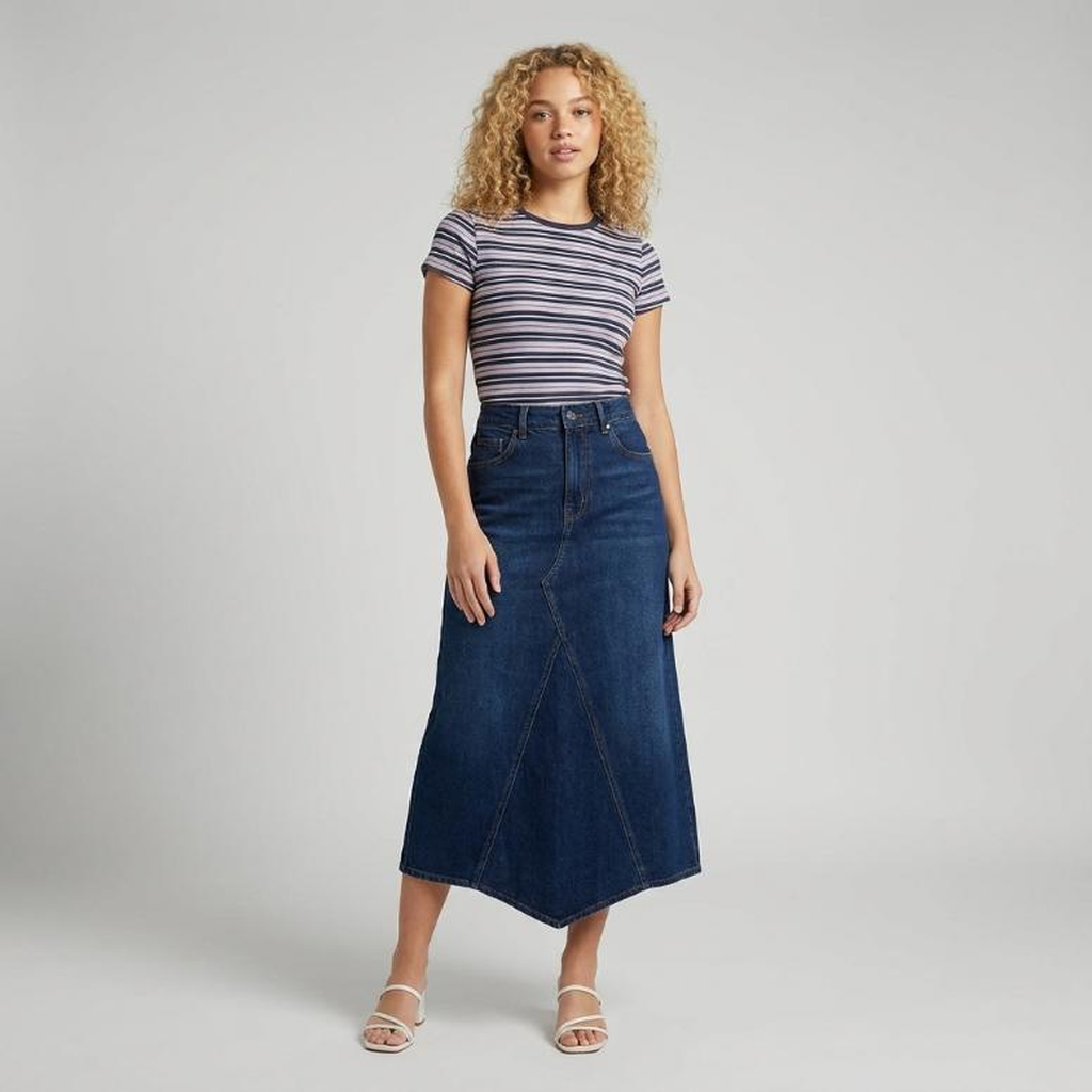 Jupe en jean longue fendue bleu foncé Taza - vue face