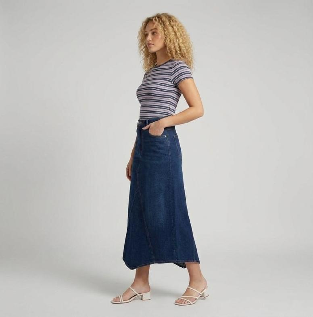 Jupe en jean longue fendue bleu foncé Taza - vue profil