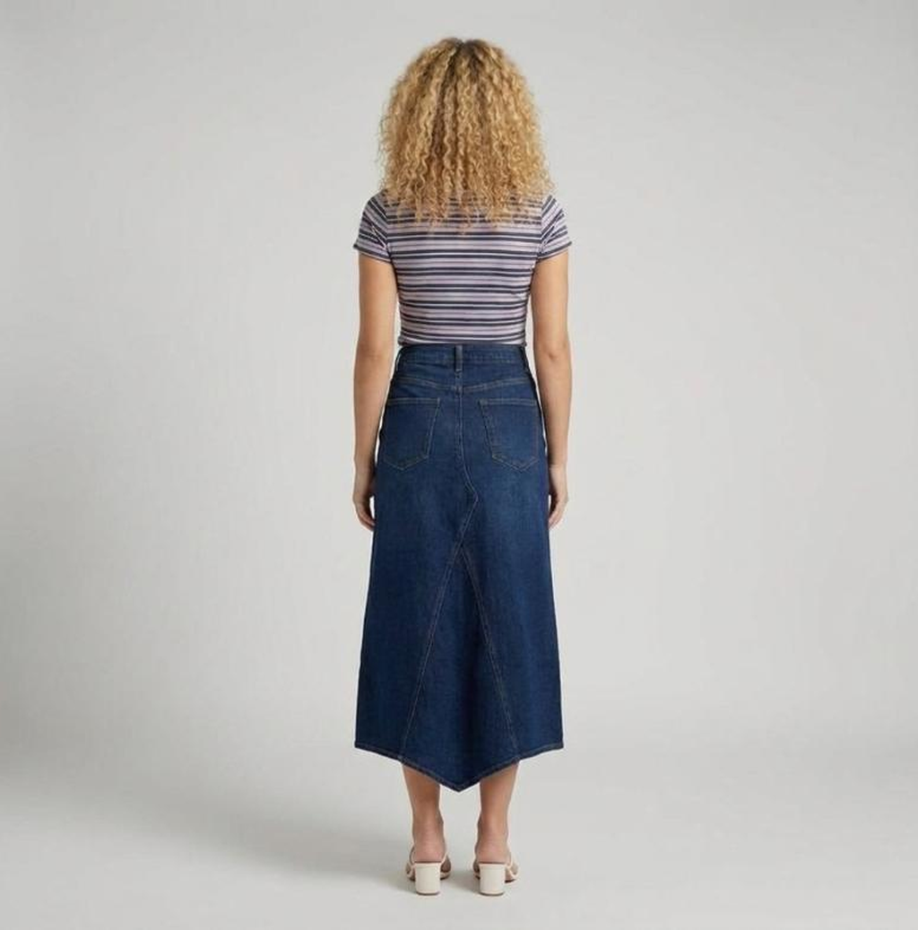 Jupe en jean longue fendue bleu foncé Taza - vue dos