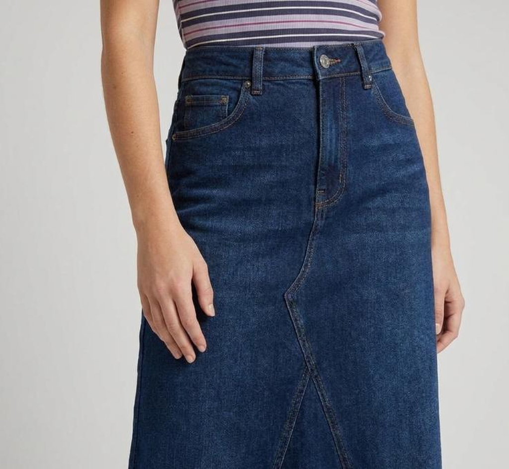 Jupe en jean longue fendue bleu foncé Taza - détail devant