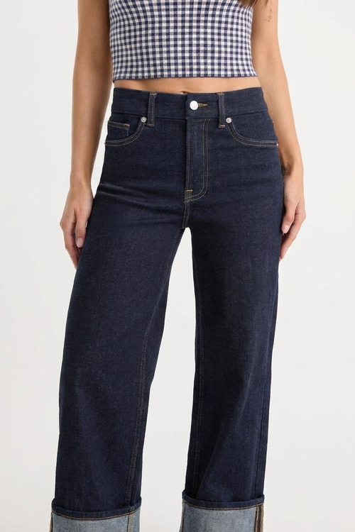 Jean Wide-Leg Taille Haute à Revers Bleu Indigo Tanger - gros plan avant