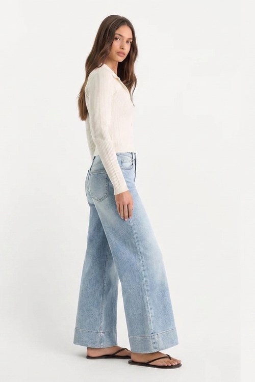 Jean Wide-Leg Taille Haute à Revers Bleu Clair Chefchaouen - vue profil
