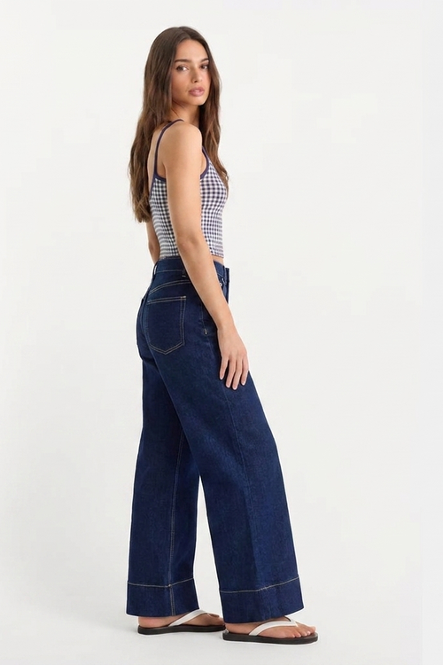 Jean Wide-Leg Taille Haute à Revers Bleu Indigo Tanger - vue de profil
