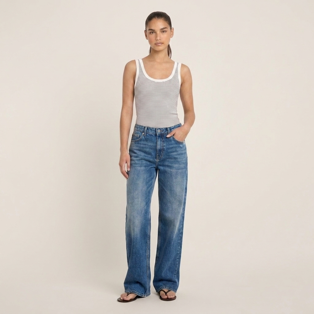 Jean Baggy Wide-Leg Taille Haute Bleu Moyen Délavé Rabat - vue face complète