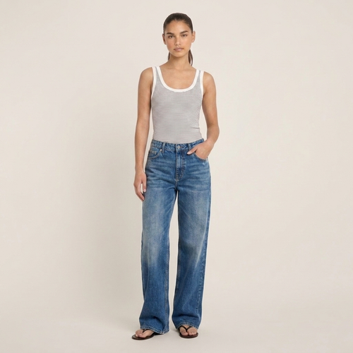 Jean Baggy Wide-Leg Taille Haute Bleu Moyen Délavé Rabat - vue face complète