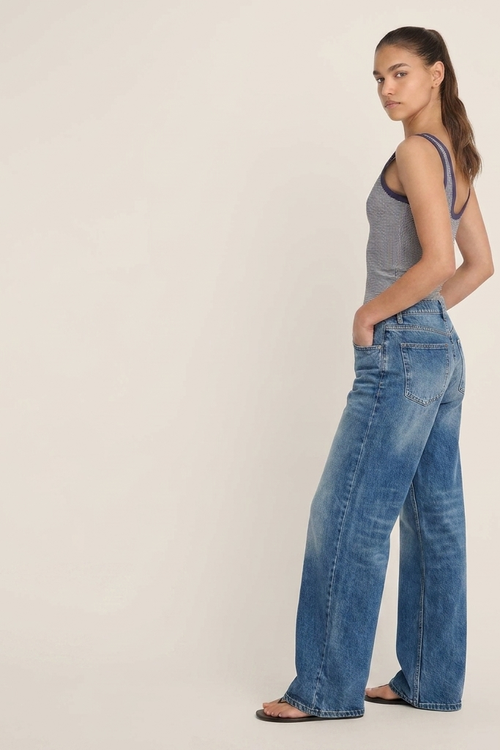 Jean Baggy Wide-Leg Taille Haute Bleu Moyen Délavé Rabat - vue profil