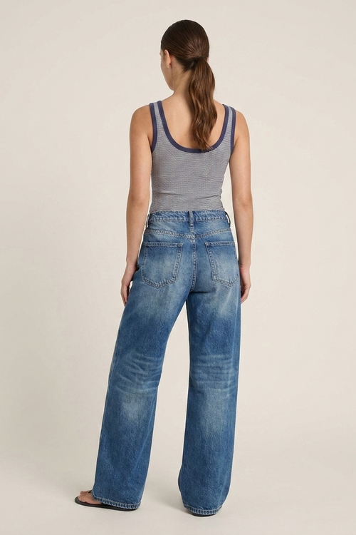 Jean Baggy Wide-Leg Taille Haute Bleu Moyen Délavé Rabat - vue dos