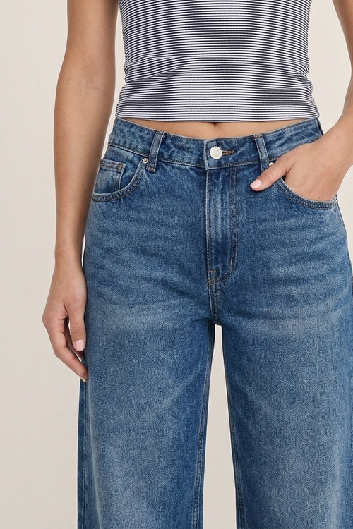 Jean Baggy Wide-Leg Taille Haute Bleu Moyen Délavé Rabat - gros plan avant