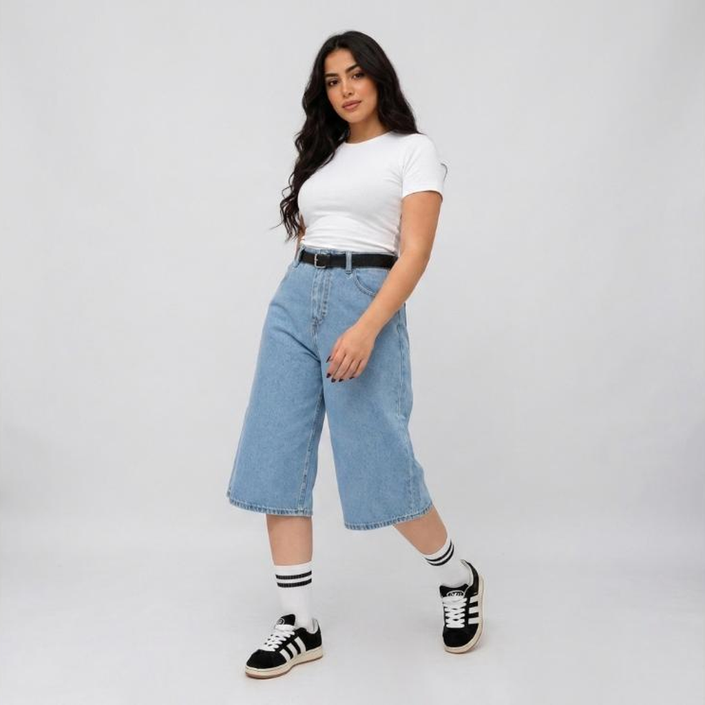 Short Baggy Wide-Leg Taille Haute Bleu Clair Fès - vue face complète