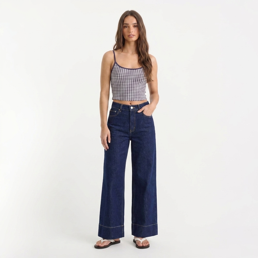 Jean Wide-Leg Taille Haute à Revers Bleu Indigo Tanger - vue de face complète
